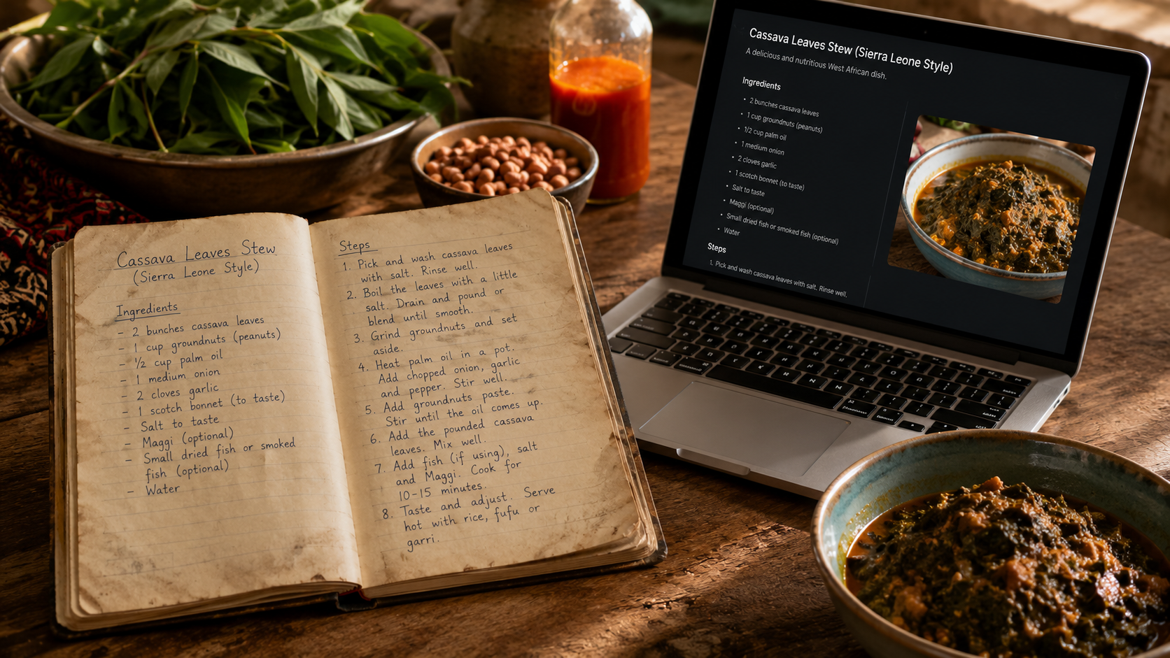 A recipe book open on a kitchen counter next to a laptop — illustrating the analogy between a recipe and code