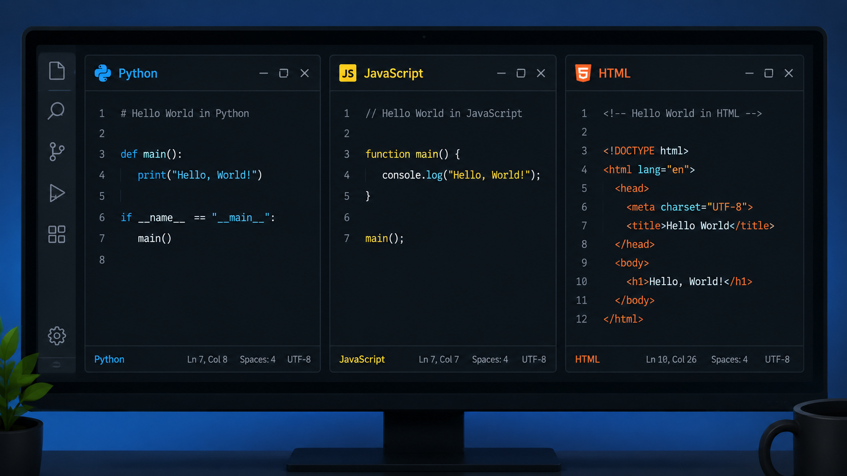 Side-by-side comparison of Hello World in Python, JavaScript, and HTML on a split screen
