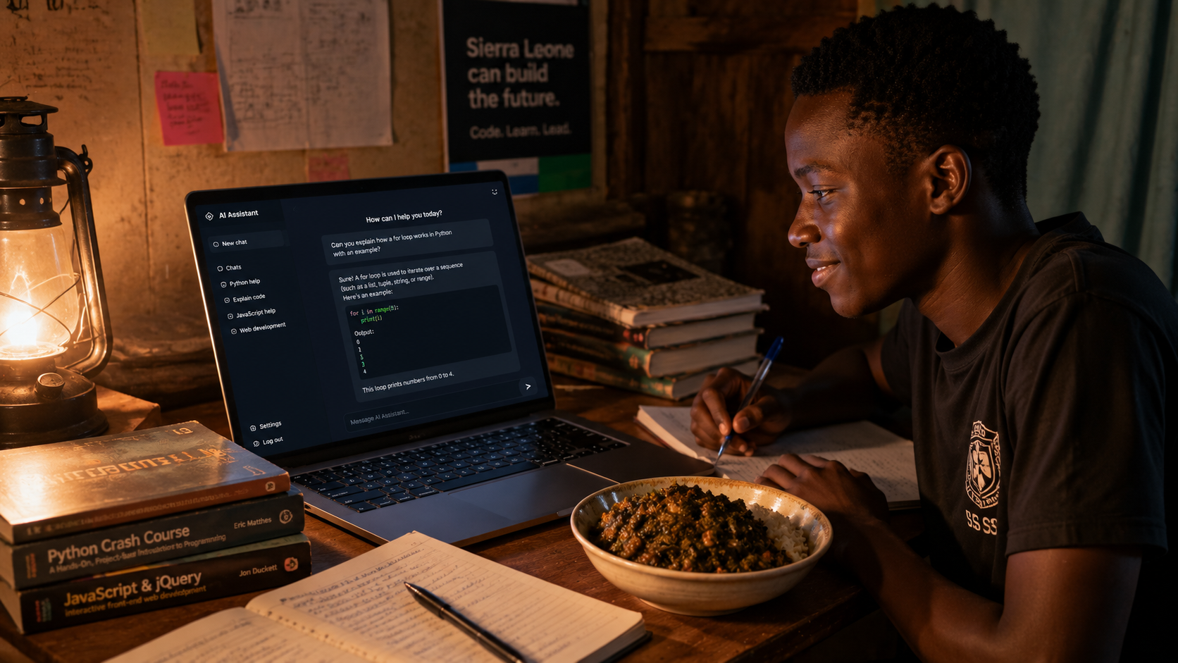 A student at a laptop with an AI chat window open, looking curious and engaged