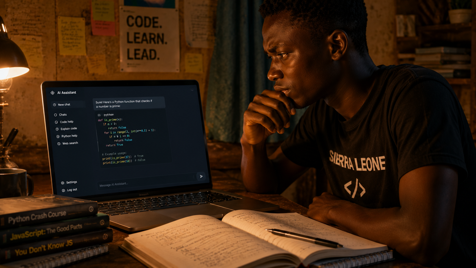 A Sierra Leonean student staring at a laptop screen showing AI-generated code, expression thoughtful and questioning