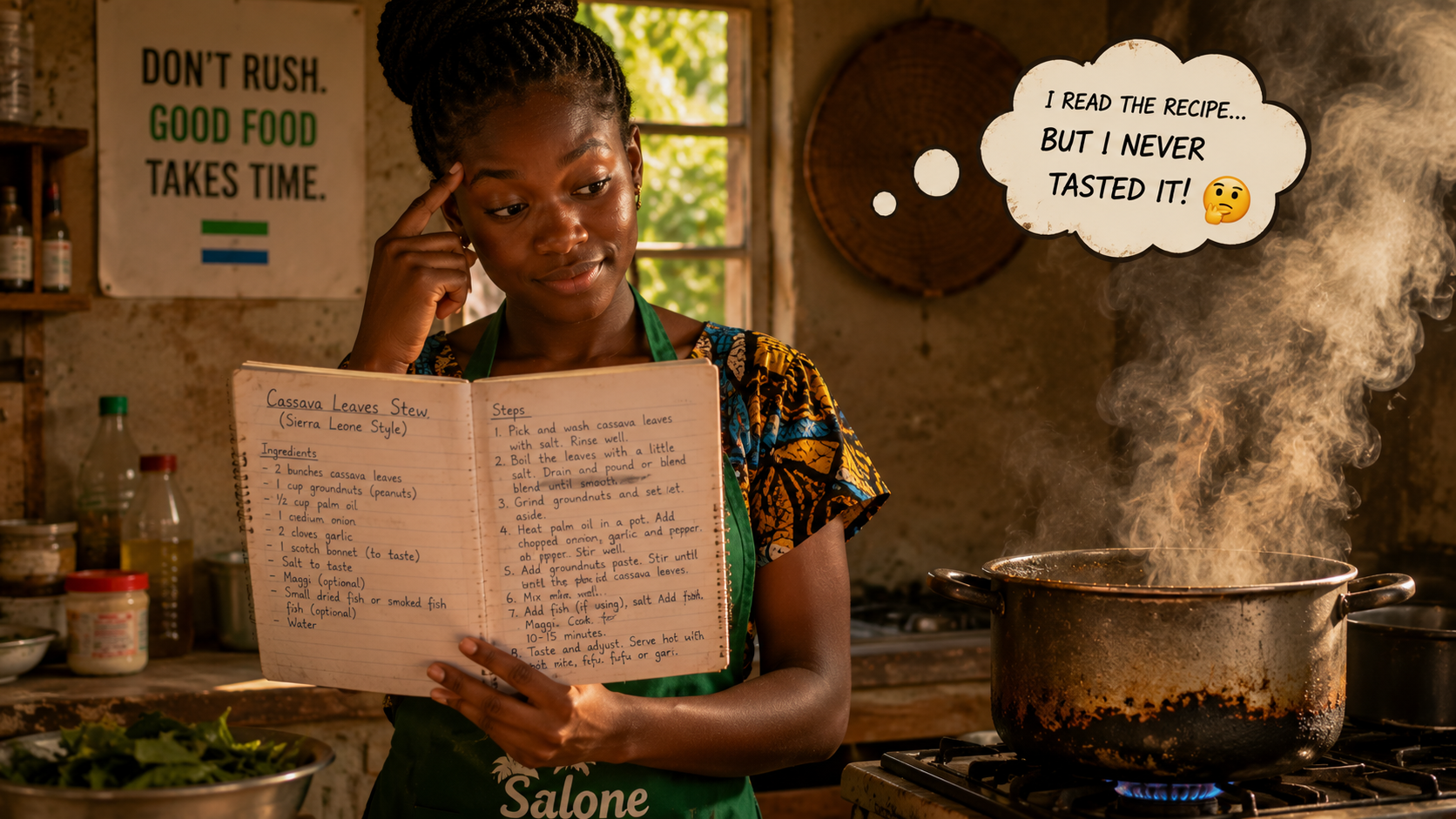 A young Sierra Leonean woman confidently reading from a handwritten cassava leaf recipe, steam rising from a pot — but the pot is starting to burn because she never tasted it
