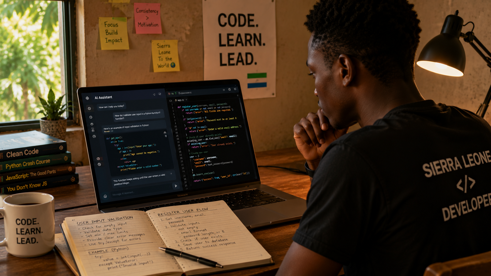 A Sierra Leonean engineer at a desk reviewing code on a laptop, pen and notebook beside them — AI chat on one side, their own handwritten notes on the other