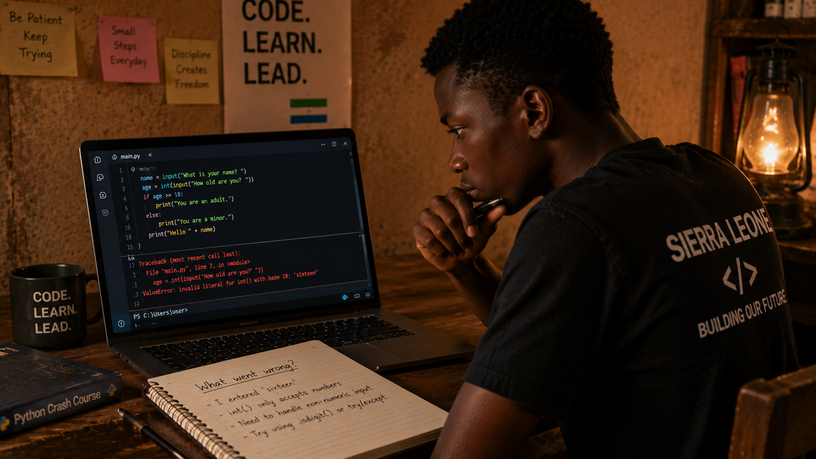 A Sierra Leonean teenage student at a simple desk, laptop open to replit.com showing a running Python program, notebook open beside them with "what went wrong?" written at the top