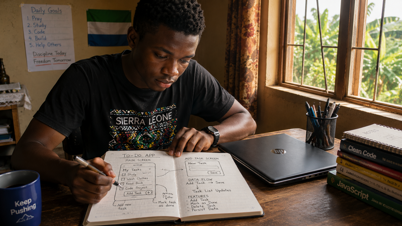 A Sierra Leonean student sitting at a desk with a notebook open showing a hand-drawn sketch of a to-do app layout — tasks written out on paper before touching the keyboard