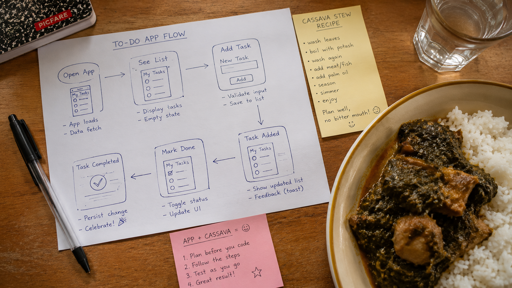 A hand-drawn diagram on paper showing a simple app flow — arrows connecting "open app", "see list", "add task", "mark done" — beside a bowl of cassava leaf stew, suggesting the student is planning over lunch