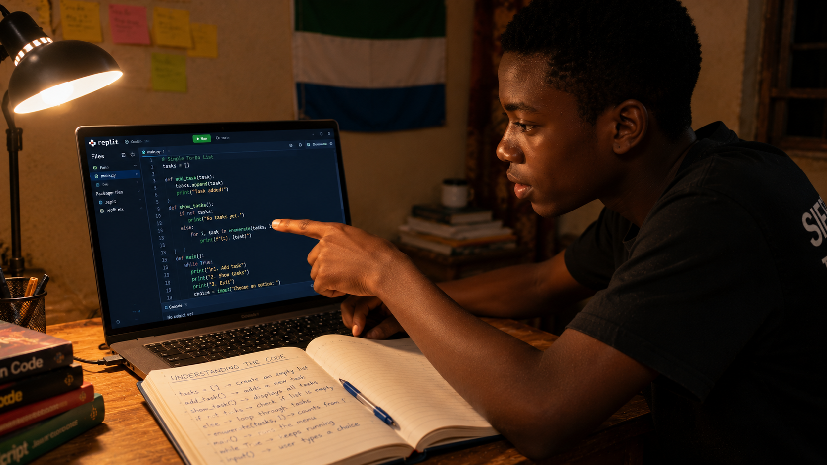 A Sierra Leonean teenager at a laptop with replit.com open, reading through Python code carefully, finger pointing at the screen, expression of focused curiosity