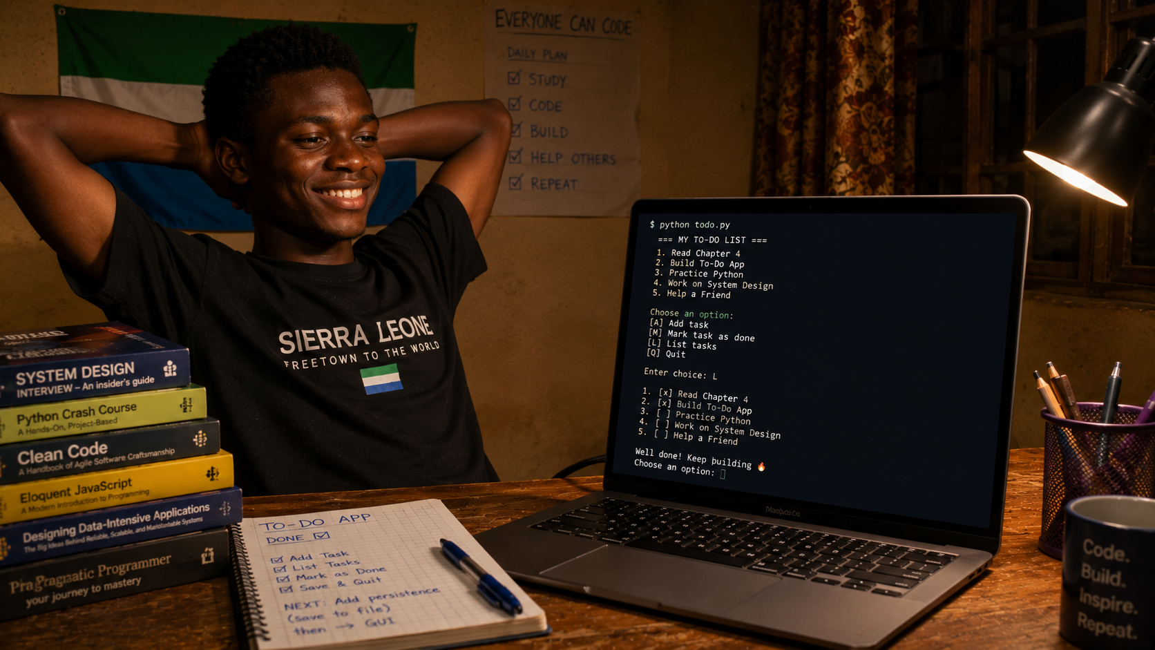 A Sierra Leonean student leaning back in their chair smiling at a laptop screen showing a working terminal to-do app — proud, accomplished expression, warm evening light